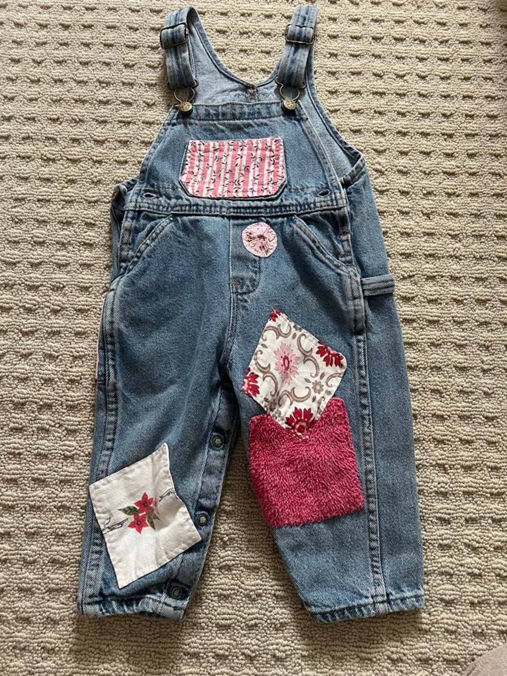 Vintage Denim Kids Overalls with Pink Patch Accents